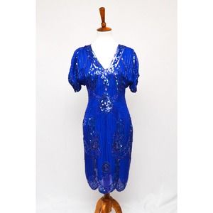 VINTAGE 1980s Lili Ruben blue silk and rhinestone dress with keyhole back